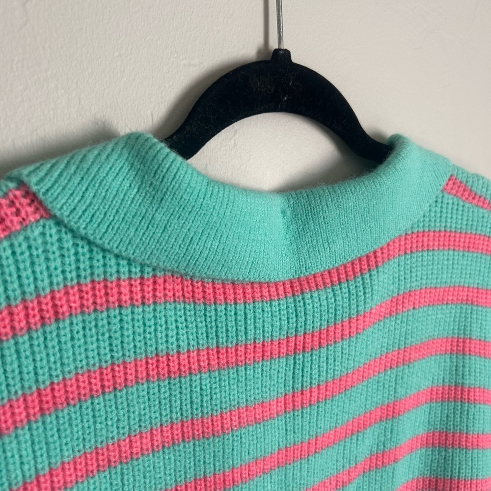 BiBi Women's V-Neck Striped Sweater - Teal and Pink - Picture 9 of 11